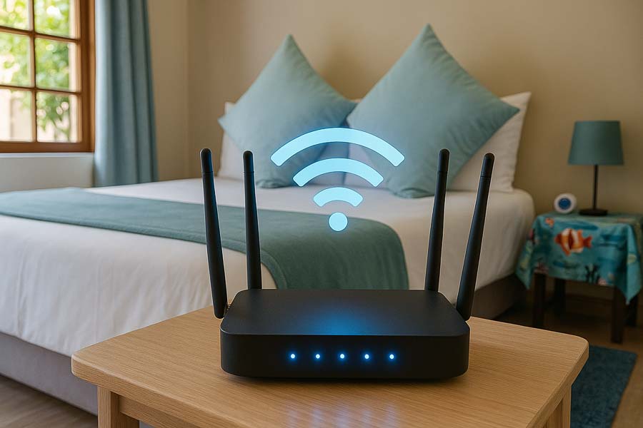 High-speed WiFi router in guest room at Alcyone Guest House